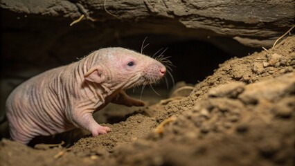 Naked mole rat in underground burrow habitat, realistic wildlife photo showing wrinkled pink skin, small eyes, and natural soil tunnel environment