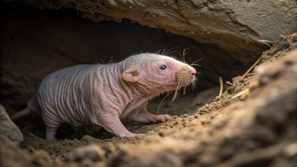 Naked mole rat in underground burrow habitat, realistic wildlife photo showing wrinkled pink skin, small eyes, and natural soil tunnel environment