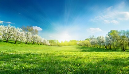 Obraz premium Beautiful Blurred Spring Background Nature With Blooming Glade Trees And Blue Sky On A Sunny Day