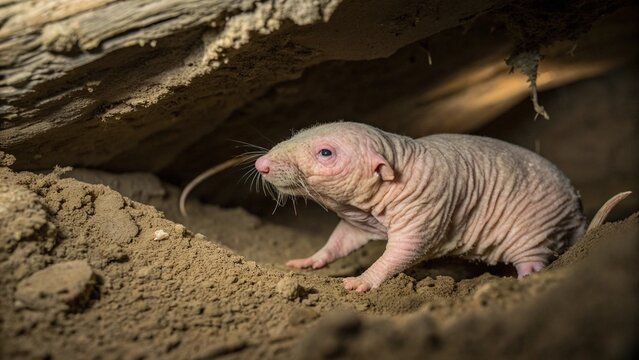 Naked mole rat in underground burrow habitat, realistic wildlife photo showing wrinkled pink skin, small eyes, and natural soil tunnel environment