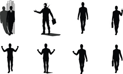 Businessman silhouette set, success, leadership, ambition, struggle, victory, strategy, progress, authority, career, vector illustration