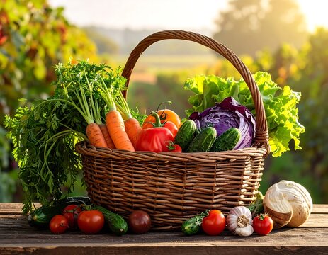 Wicker basket overflowing with colorful produce set on wooden surface