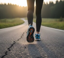 closeup of backview of a jogger on an empty road , focus on the shoes, outdoorsports  fitness exercise healthy wellness concept