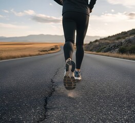 closeup of backview of a jogger on an empty road , focus on the shoes, outdoorsports  fitness exercise healthy wellness concept
