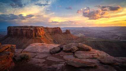 sunset at grand view point overlook near moab in canyonlands island in the sky in utah, usa