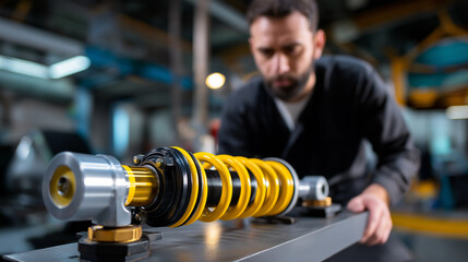 Defocused technician figure examining sharp focused rear shock absorber assembly on automotive lift, with copy space