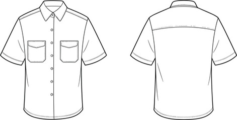 Technical fashion flat sketch, short sleeve shirt, button up, collar, chest pockets, yoke, pleat, tailoring, apparel, vector illustration
