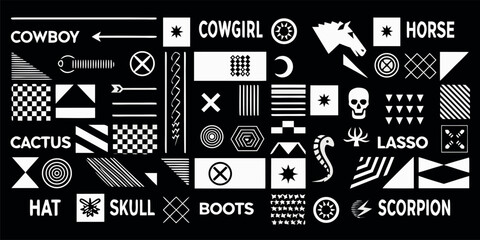A striking cowboy and cowgirl design featuring iconic Wild West symbols in monochrome minimalism with clean, crisp vector lines.