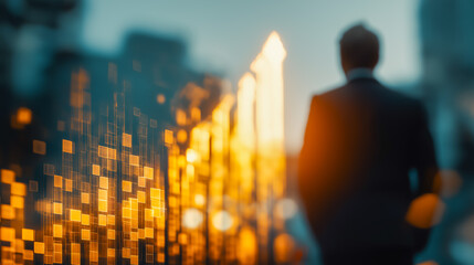 金価格の上昇を見つめるビジネスマンの背中｜投資と成功の象徴