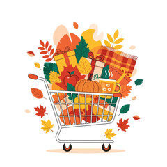 A shopping cart overflowing with autumn items like a pumpkin, gifts, and colorful leaves for seasonal sales. © hellodedigalih