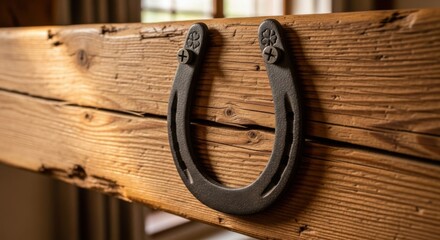 Rustic horseshoe wall art on wooden beam for home decor and luck