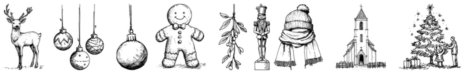 Christmas Elements Set with Reindeer Ornaments Gingerbread Mistletoe Candle Coat Church and Tree Vintage Sketch Doodle Engraving for Laser Cutting and CNC