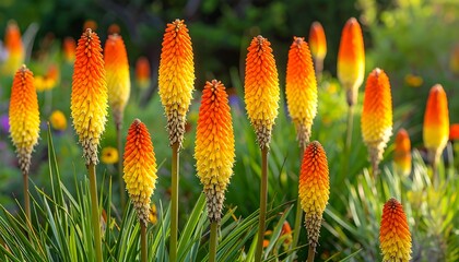Vibrant cluster of tall, spiky flowers in bright hues of orange and yellow