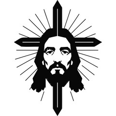 Jesus Christ face with cross and light rays in black and white religion christianity religious faith god
