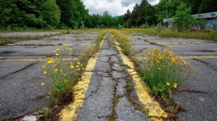 A road with yellow lines and weeds growing through the cracks. The road is empty and desolate