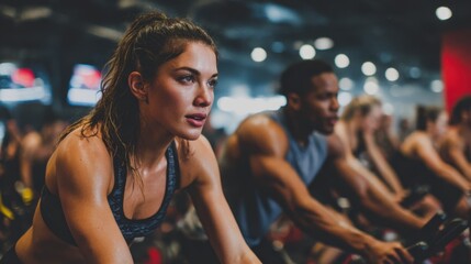 A woman and a man are riding stationary bikes in a gym. The woman is wearing a black tank top and ponytail. The man is wearing a blue shirt. There are several other people in the gym