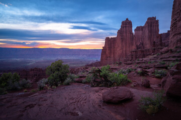 sunset at fisher towers near moab in utah, usa