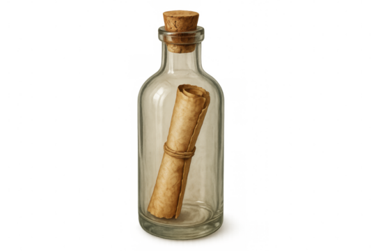Message in a bottle containing a tied parchment scroll, symbolizing communication, secrets, and hope, transparent background