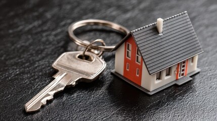 A key is on a table next to a small house. The house is made of plastic and has a red trim