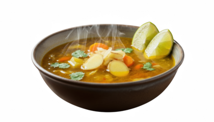 Healthy Food Live Food Soup Immunity Broth Slow-simmered vegetable and bone broth with ginger,turmeric, and fresh lime. Gut health, anti-inflammatory, low calorie. Isolated on Transparent Background