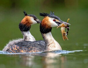 A close-up shot of two crested birds, one with a crustacean in its beak, in a serene, green-water environment