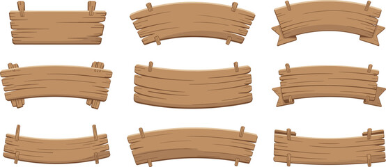 Set of wooden banners and signboards, blank rustic wood planks collection, curved wooden labels and frames, 3D vector illustration