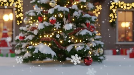 Festive christmas tree outdoors with snowfall and warm lights - Powered by Adobe