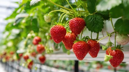 A bunch of red strawberries hanging from a plant. The strawberries are ripe and ready to be picked