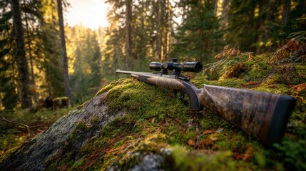 A rifle is on a mossy rock in a forest. Concept of adventure and excitement, as the viewer is likely to imagine the thrill of hunting in the woods