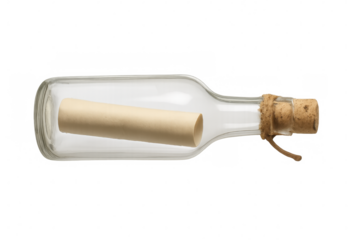 Message in a bottle with scroll inside, corked glass vessel isolated on transparent background, conveying hopeful communication