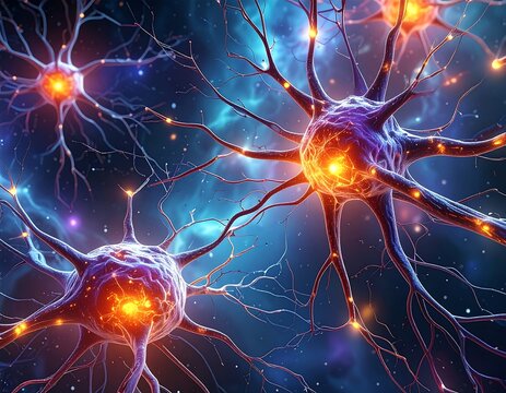 Vivid digital rendering of several glowing neurons in a cosmic, blue nebula