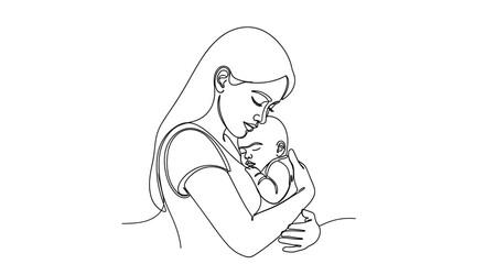 Obraz premium Mother and baby line art drawing illustration motherhood love family newborn child parent care minimalist design