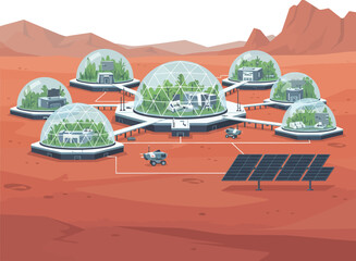 Futuristic Mars colony concept. Glass biodomes protect houses and green plants. Rovers and solar panels support the habitat on the red planet's landscape. © VectaNoor