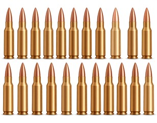 A detailed illustration shows rows of shiny, realistic rifle bullets, arranged neatly in two parallel lines