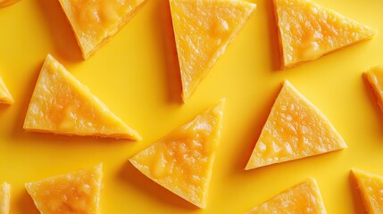Grilled cheese triangles oozing cheddar on a bright yellow background, toasted bread texture visible in Canon EOS 5D macro capture. 