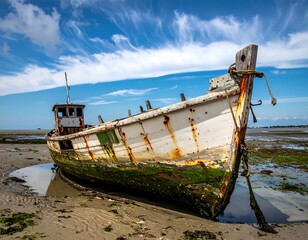 Weathered, aged vessel rests on sandy shore under bright sky