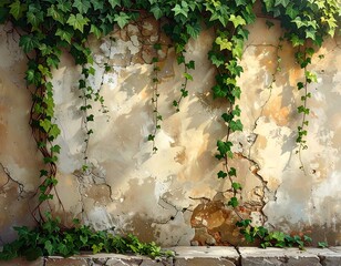 Weathered stucco wall, embellished with vibrant green ivy cascading downwards