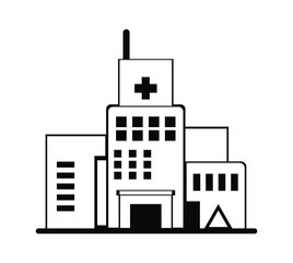 Black and white hospital building icon illustration showing a medical complex with cross symbol, minimal healthcare architecture vector for clinic and emergency design