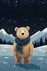 Cute cartoon bear wearing a scarf standing in a snowy landscape with mountains