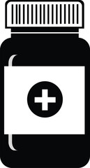 Black and white medicine bottle icon illustration representing pharmacy, health care, and medical concept, minimal vector design for clinic, drug, and hospital graphics