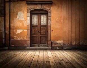 Wooden doorway in an aging building; weathered, textured wall