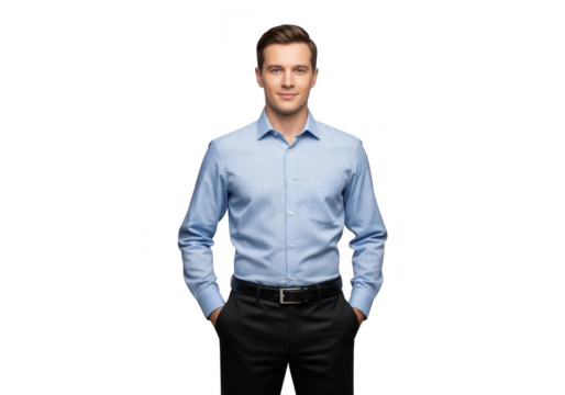Professional man in blue shirt and black pants standing confidently with hands in pockets transparent background