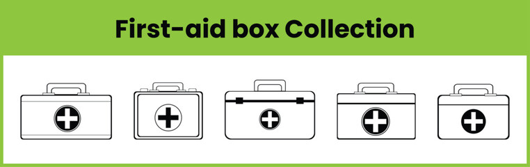 First-aid box illustration showing five different medical kit designs in clean outline vector style, healthcare emergency and hospital concept art
