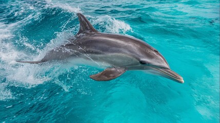 Naklejka premium cetacean. Dolphin leaping from turquoise ocean waters, dynamic marine life in motion. wildlife magazines, conservation campaigns, designed for nature documentaries and education. 