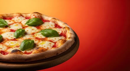 Margherita pizza close-up with basil leaves on a wooden board background