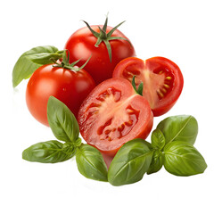 Fresh Tomatoes and Basil Leaves on White Background