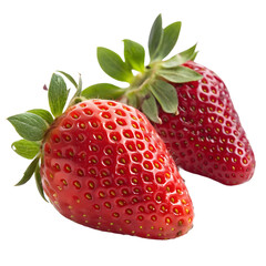 Two Ripe Red Strawberries with Green Leaves on White Background