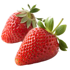 Two Ripe Red Strawberries with Green Leaves on White Background