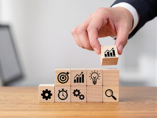 hand stack woods block step on table, business development Decide and choose concept copy space