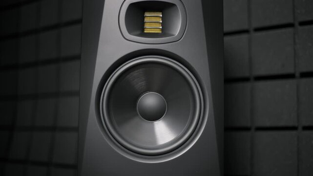 Front view of a black studio monitor speaker cone vibrating from low frequency sound waves. The woofer pulses powerfully, with a ribbon tweeter visible above against acoustic foam.